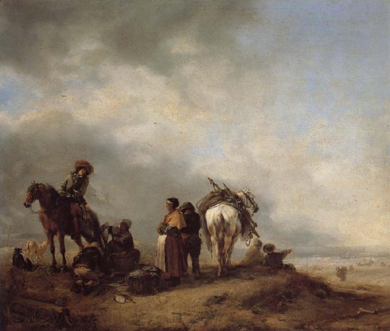 Philips Wouwerman A View on a Seashore with Fishwives Offering Fish to a Horseman Spain oil painting art
